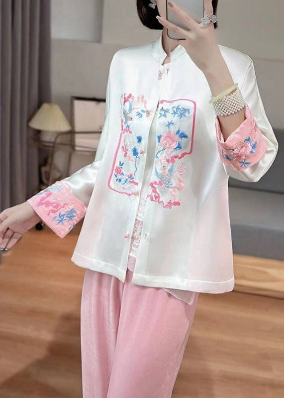White Oriental Silk Coat Mandarin Collar Embroideried Spring