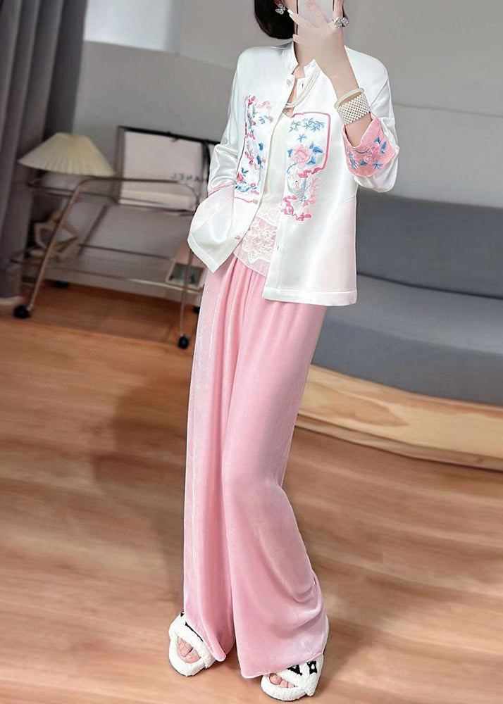 White Oriental Silk Coat Mandarin Collar Embroideried Spring