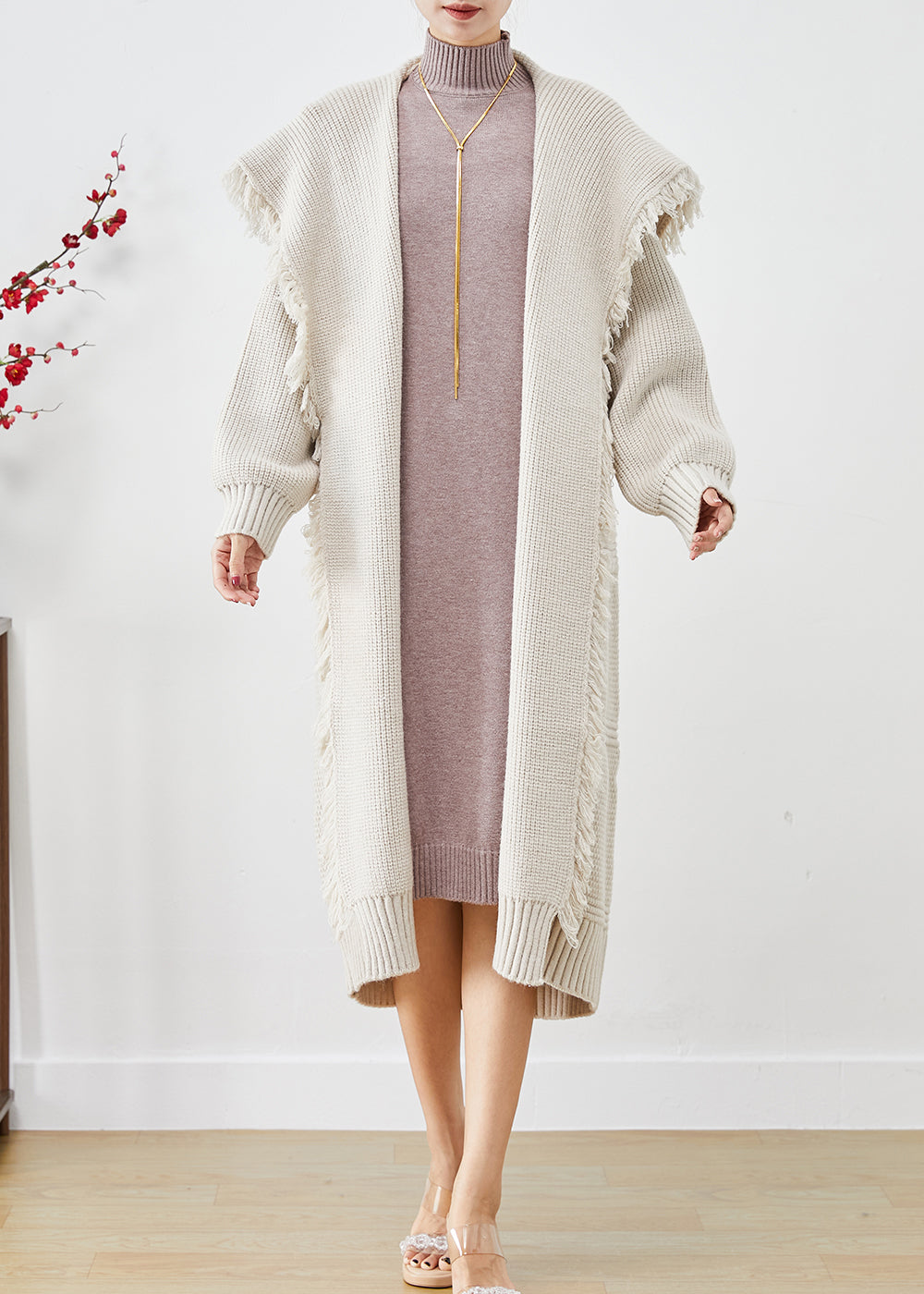 White Oversized Knit Cardigan Sailor Collar Tasseled Fall