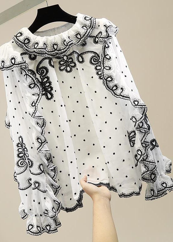 White Patchwork Chiffon Shirt Ruffled Embroideried Spring