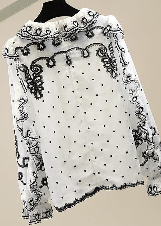 White Patchwork Chiffon Shirt Ruffled Embroidered Spring
