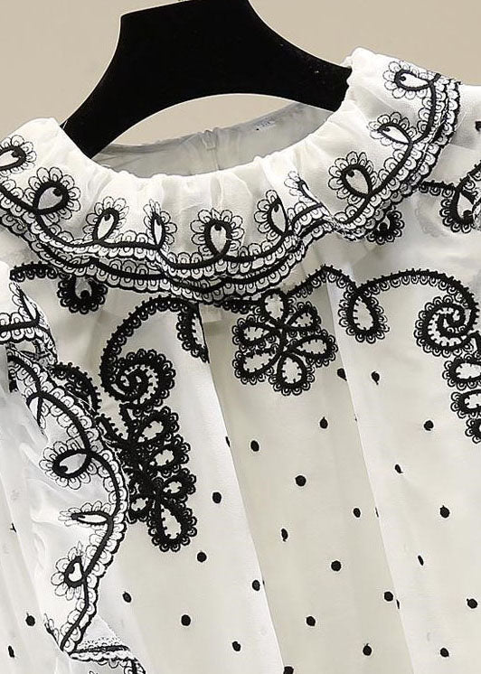 White Patchwork Chiffon Shirt Ruffled Embroidered Spring