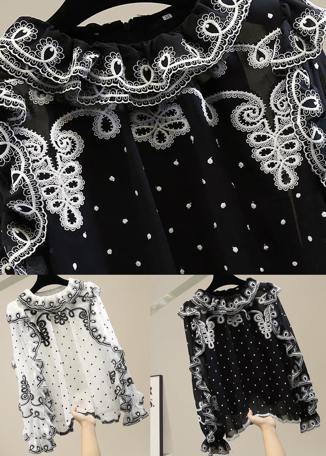 White Patchwork Chiffon Shirt Ruffled Embroidered Spring