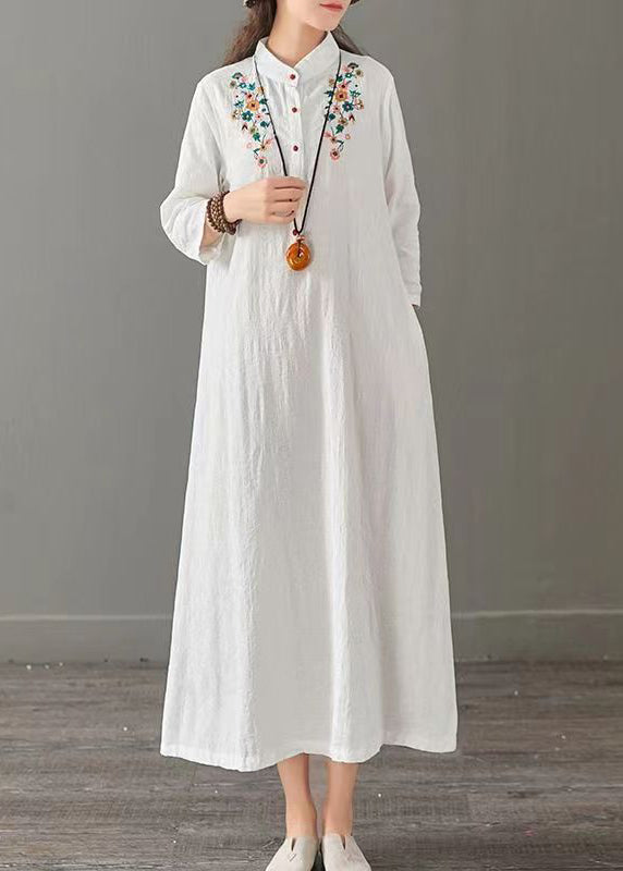 White Patchwork Cotton Long Dress Embroideried Stand Collar Fall