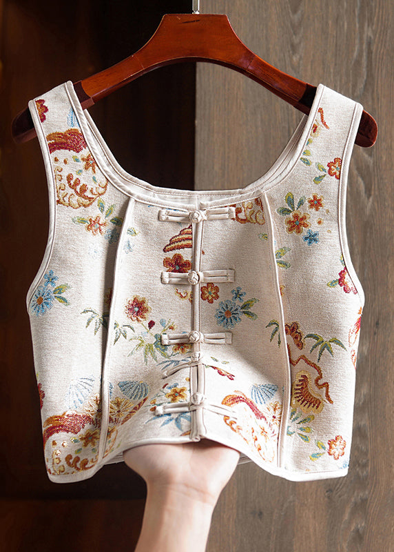 White Patchwork Cotton Vest Embroideried Chinese Button Sleeveless