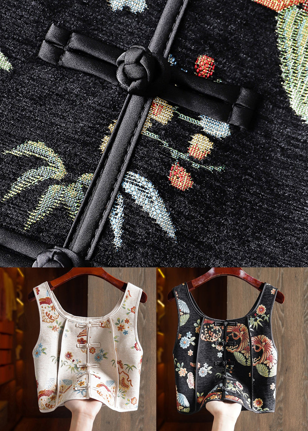 White Patchwork Cotton Vest Embroideried Chinese Button Sleeveless