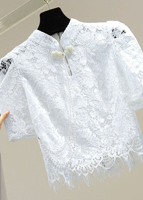 White Patchwork Lace Top Hollow Out Stand Collar Summer