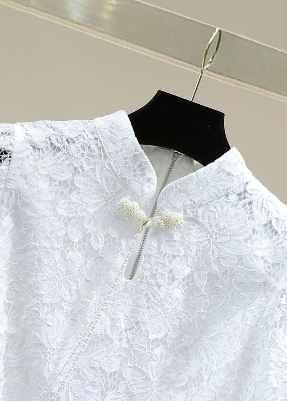 White Patchwork Lace Top Hollow Out Stand Collar Summer