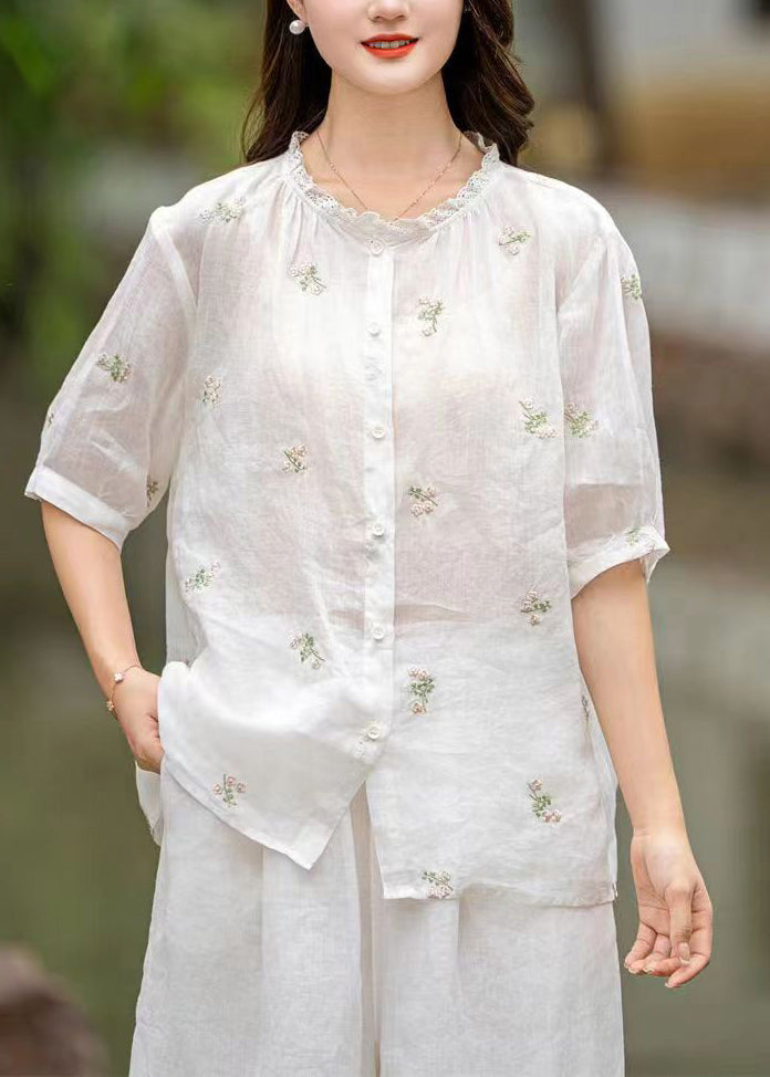 White Patchwork Linen Blouses Embroidered Button Summer
