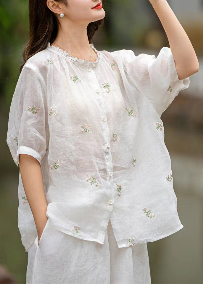 White Patchwork Linen Blouses Embroidered Button Summer