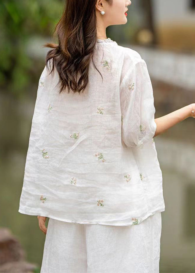 White Patchwork Linen Blouses Embroidered Button Summer