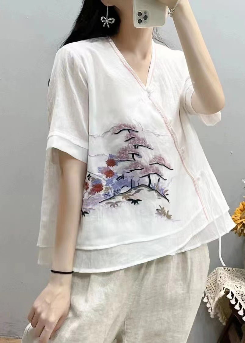 White Patchwork Linen Blouses Embroideried Chinese Button Summer