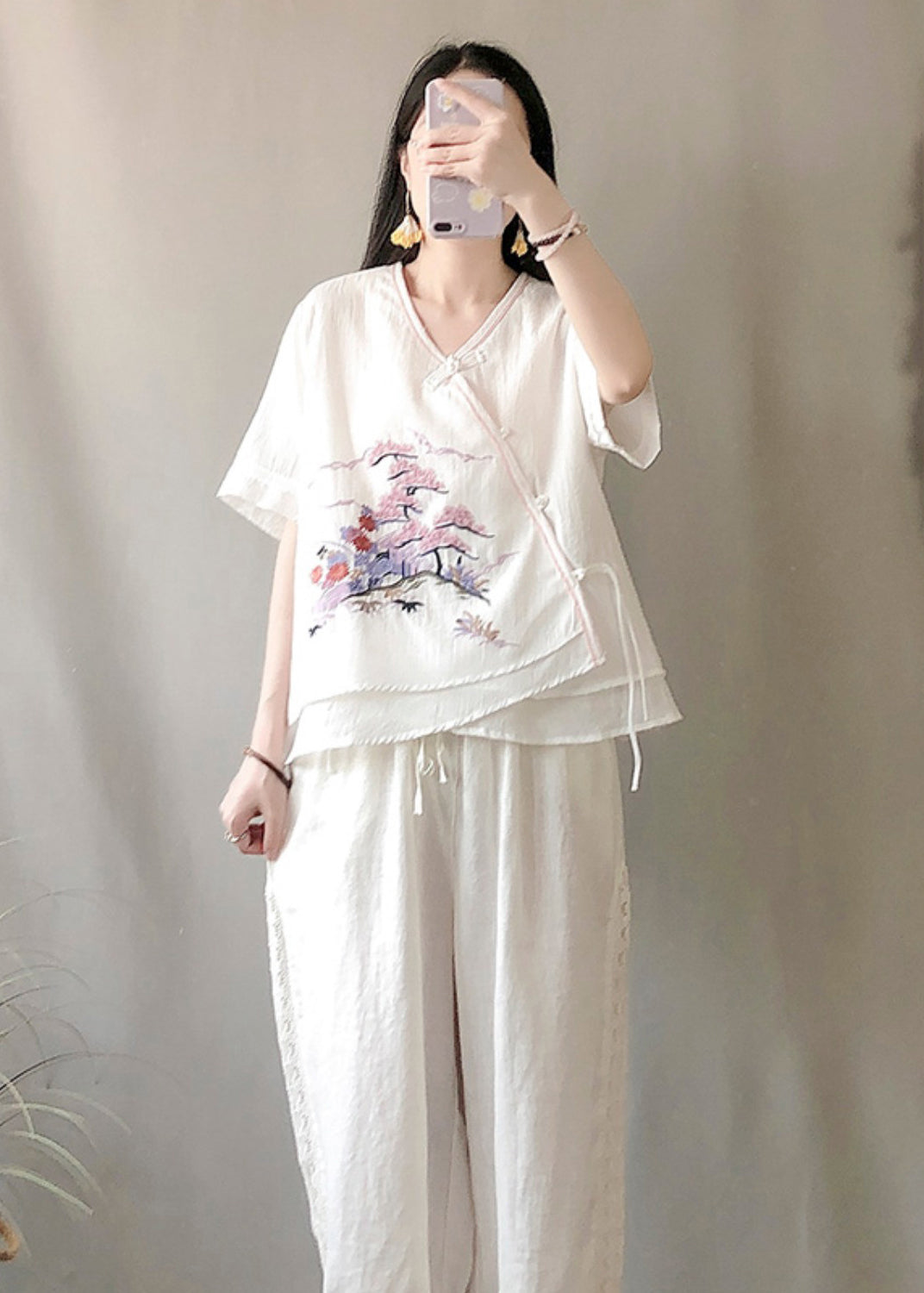 White Patchwork Linen Blouses Embroideried Chinese Button Summer