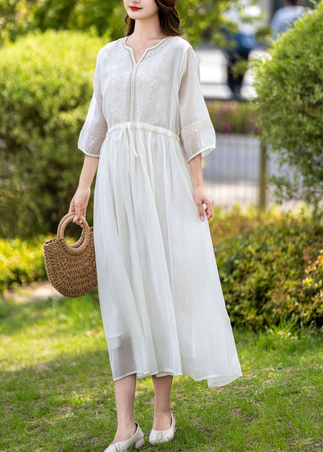 White Patchwork Linen Dresses Embroideried Wrinkled V Neck Summer