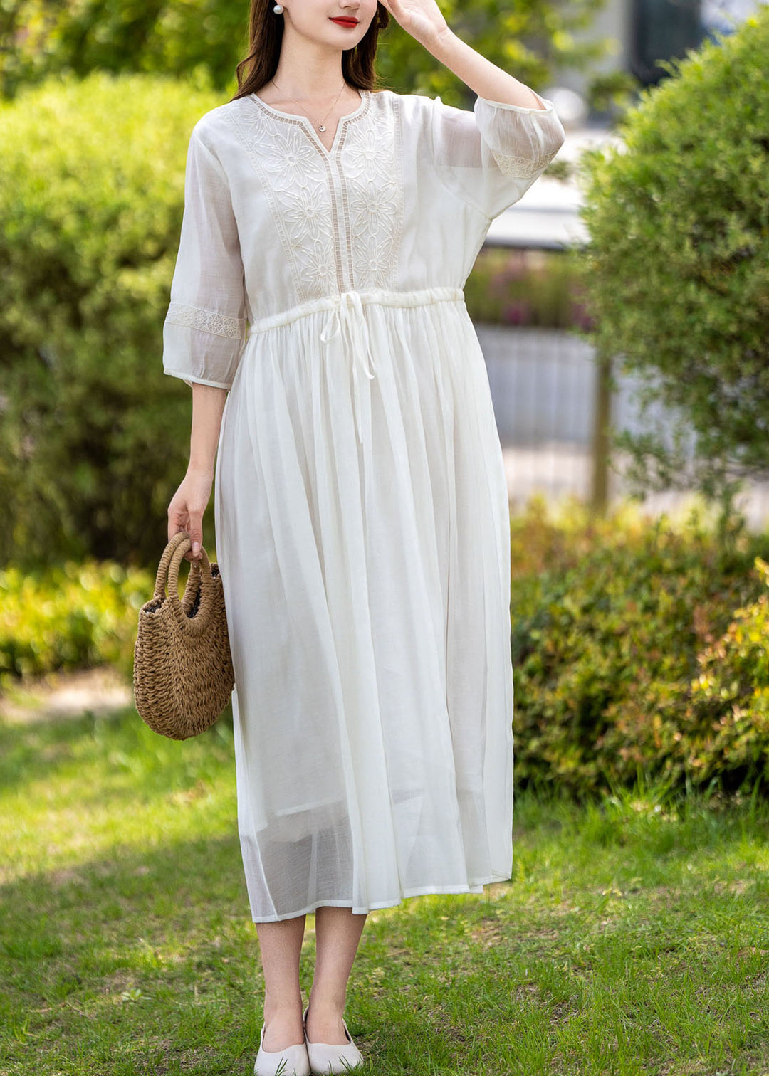 White Patchwork Linen Dresses Embroideried Wrinkled V Neck Summer