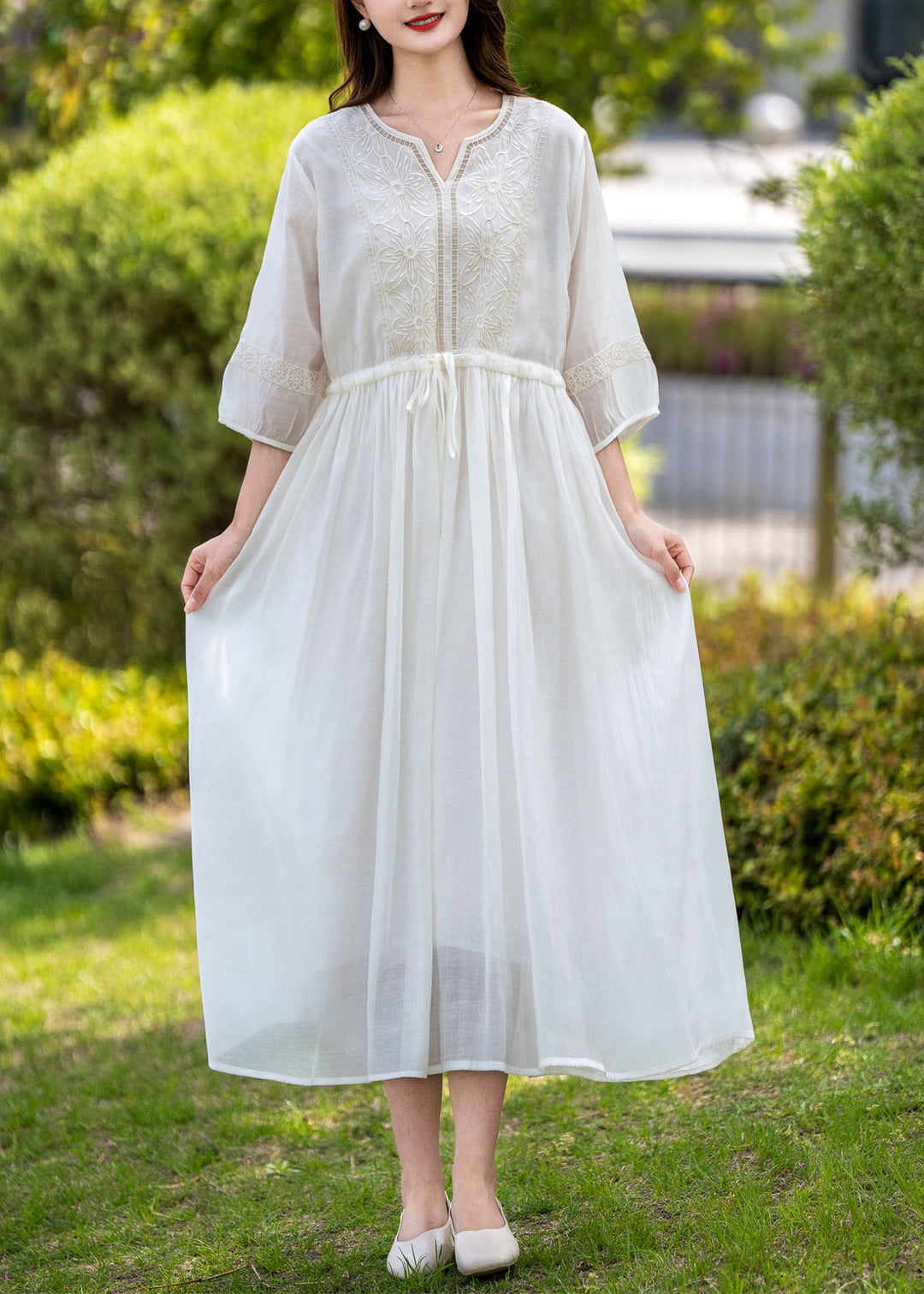 White Patchwork Linen Dresses Embroideried Wrinkled V Neck Summer