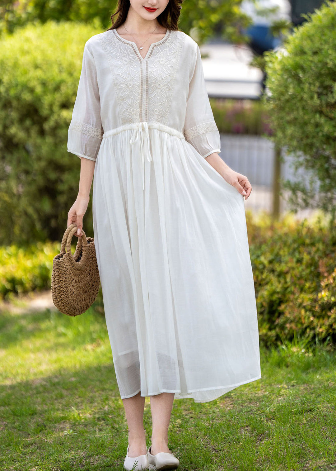 White Patchwork Linen Dresses Embroideried Wrinkled V Neck Summer