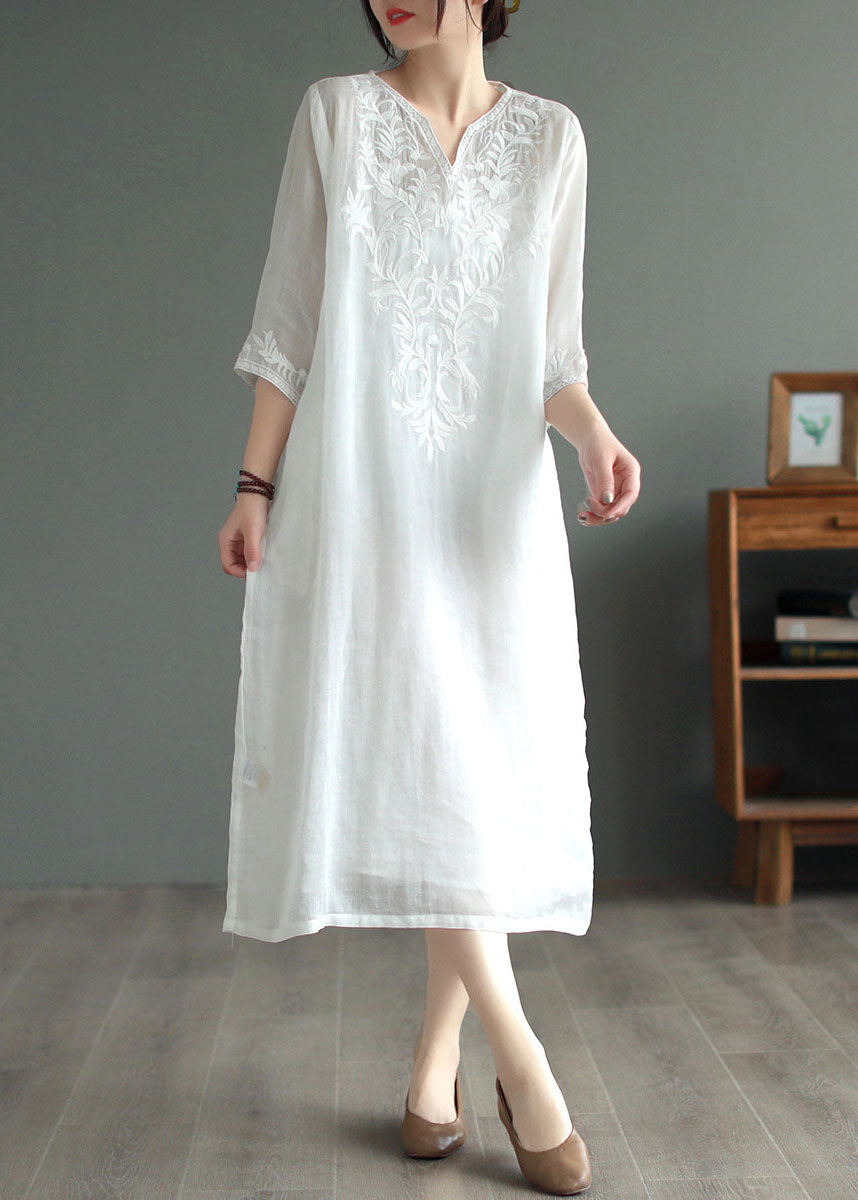 White Patchwork Linen Dresses V Neck Embroideried Bracelet Sleeve