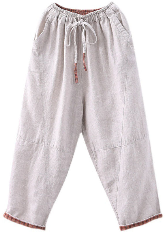 White Patchwork Linen Harem Pants Elastic Waist Drawstring Fall