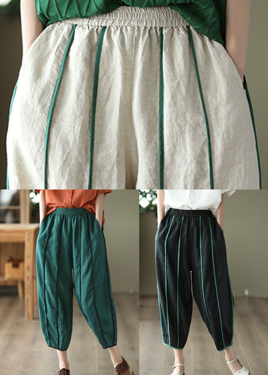 White Patchwork Linen Harem Pants Pockets Striped Summer