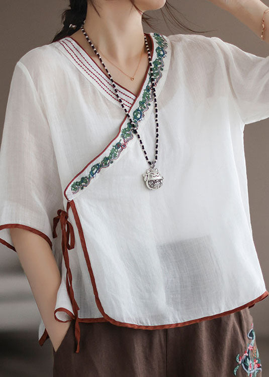 White Patchwork Linen Shirt Embroideried Lace Up Half Sleeve