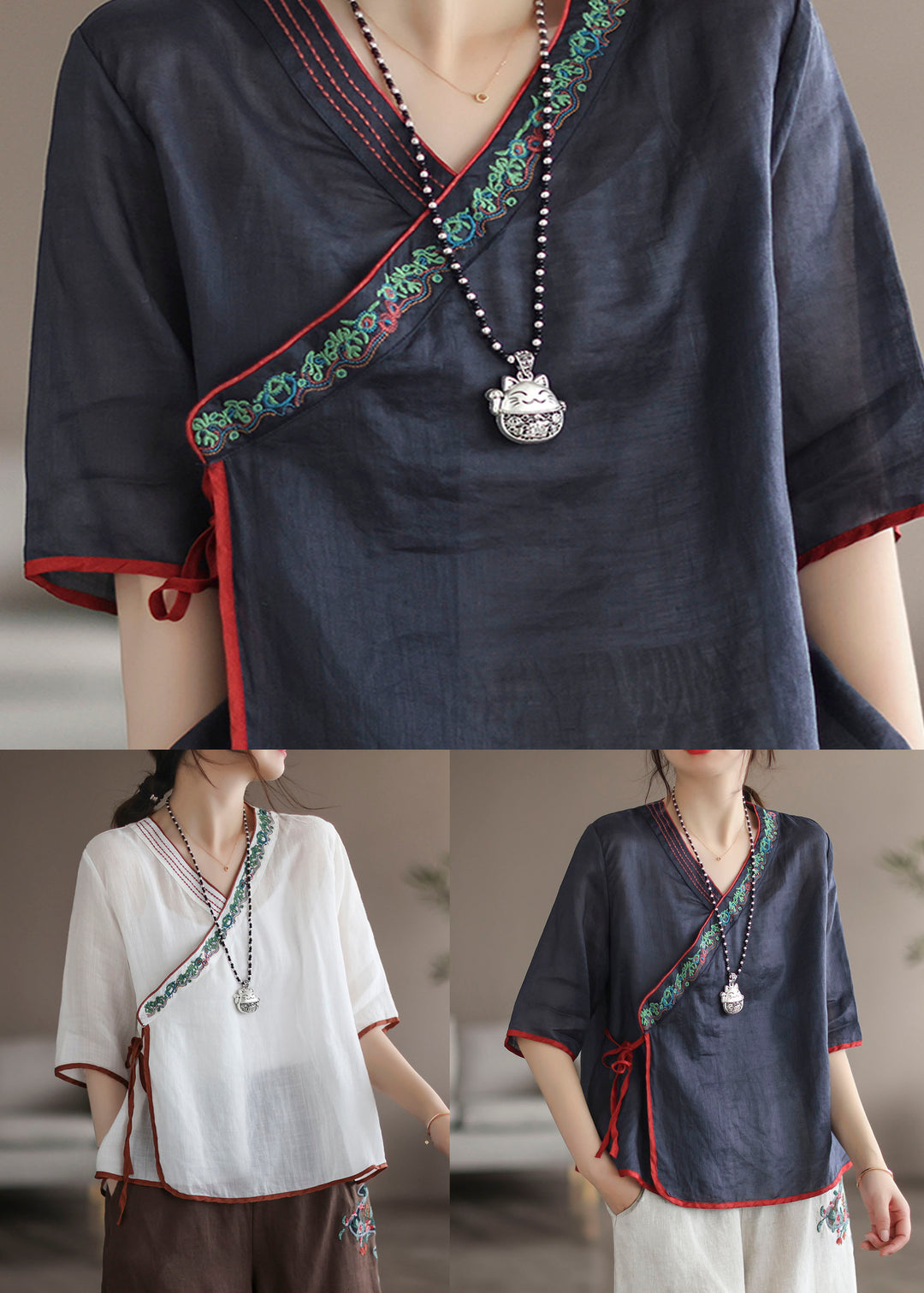 White Patchwork Linen Shirt Embroideried Lace Up Half Sleeve