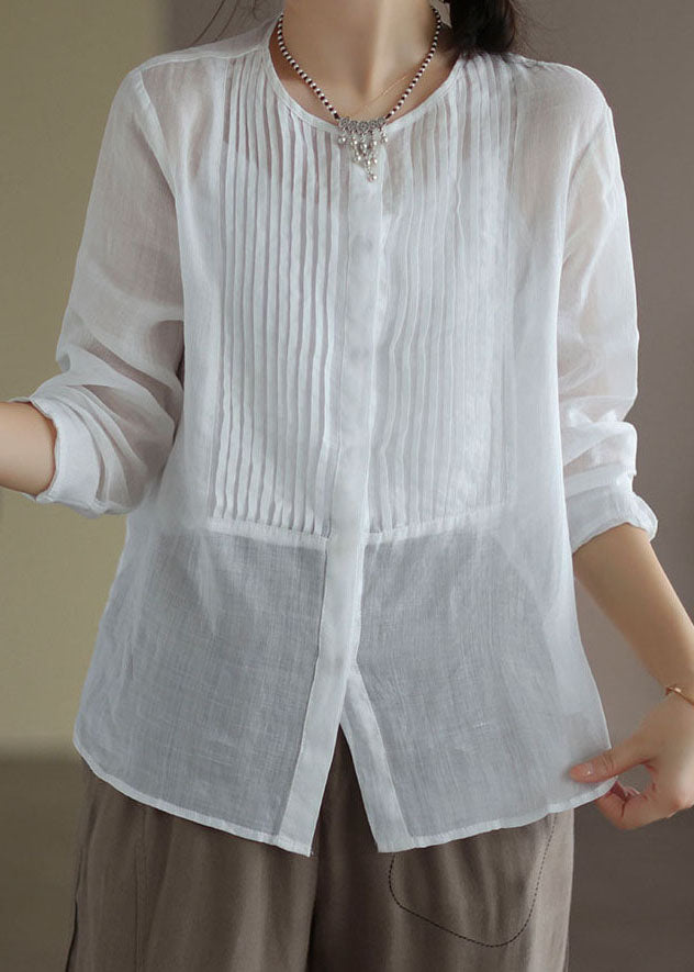 White Patchwork Linen Shirt Wrinkled Button Long Sleeve