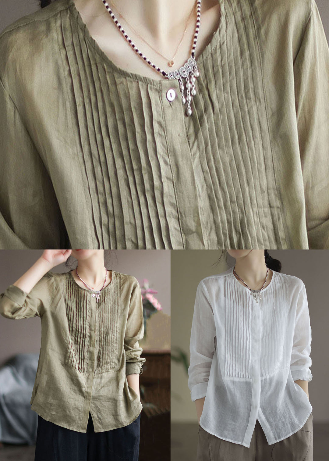 White Patchwork Linen Shirt Wrinkled Button Long Sleeve