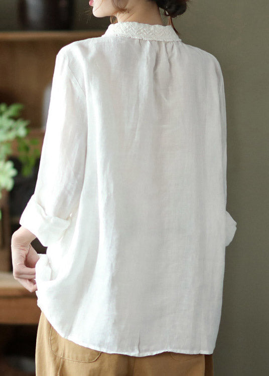 White Peter Pan Collar Button Linen Shirt Long Sleeve