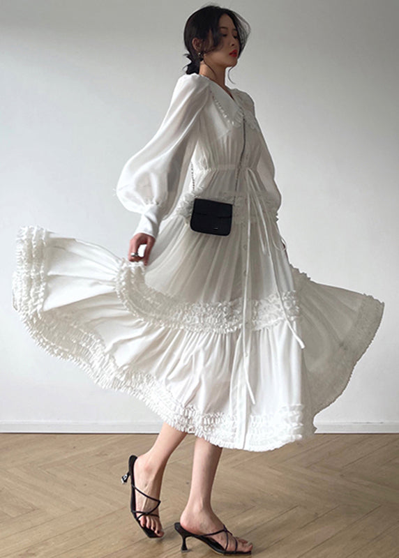 White Print Button Tie Waist Chiffon Dresses Long Sleeve