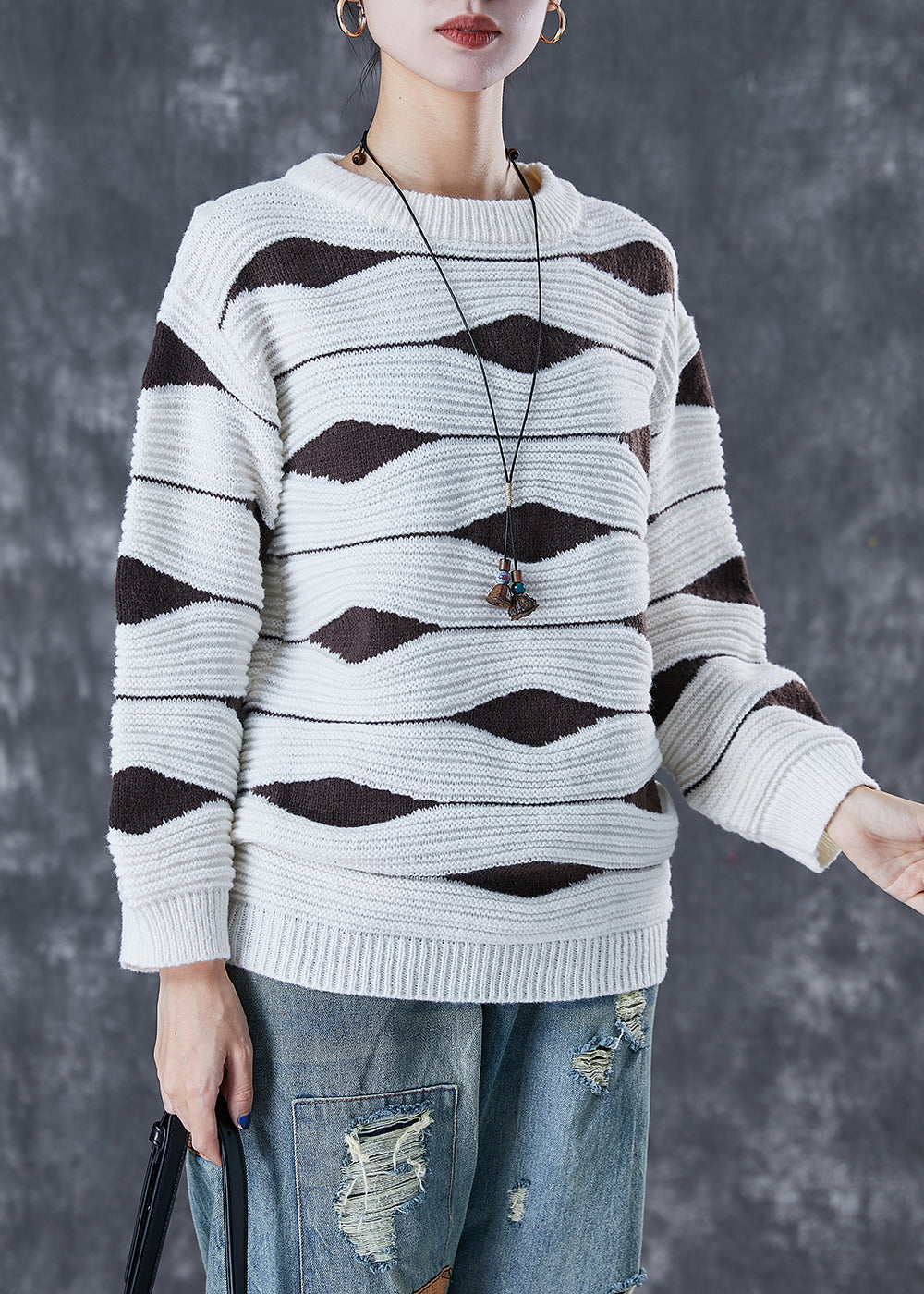 White Print Thick Knit Tops Oversized Winter