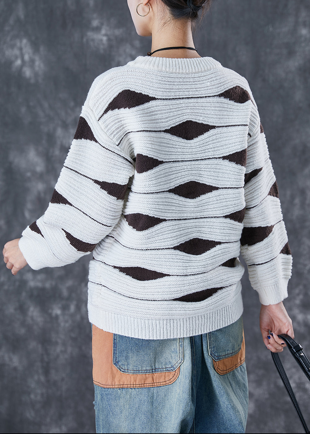 White Print Thick Knit Tops Oversized Winter