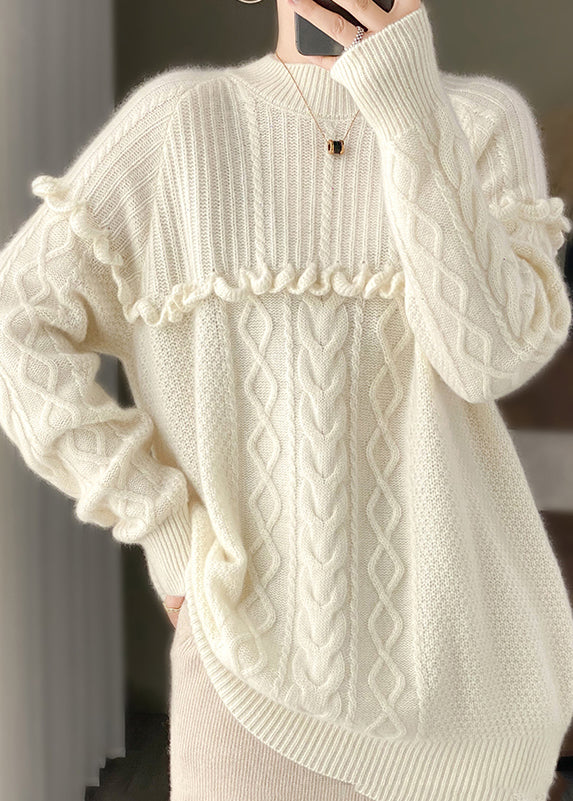 White Ruffled Patchwork Cozy Woolen Knit Pullover O Neck Spring