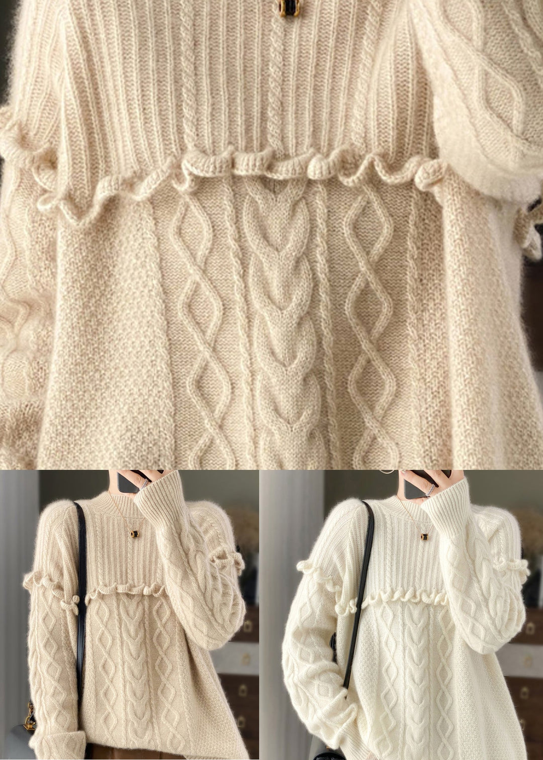 White Ruffled Patchwork Cozy Woolen Knit Pullover O Neck Spring