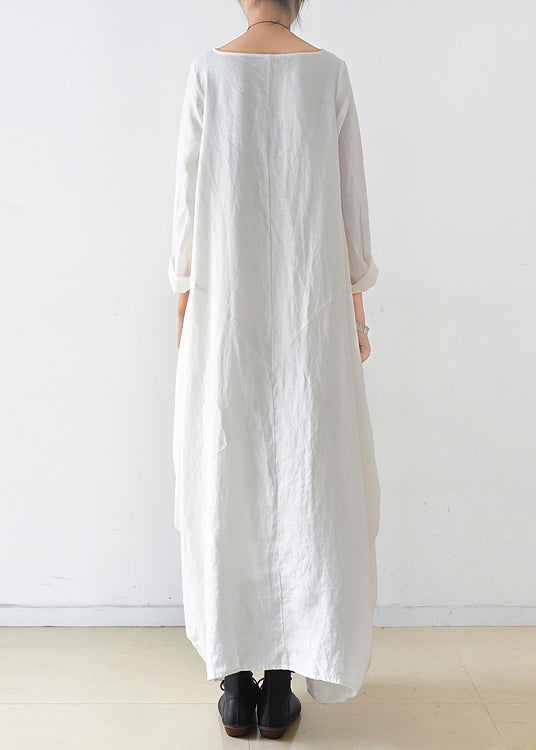 White Slash Neck Pockets Linen Dress Long Sleeve