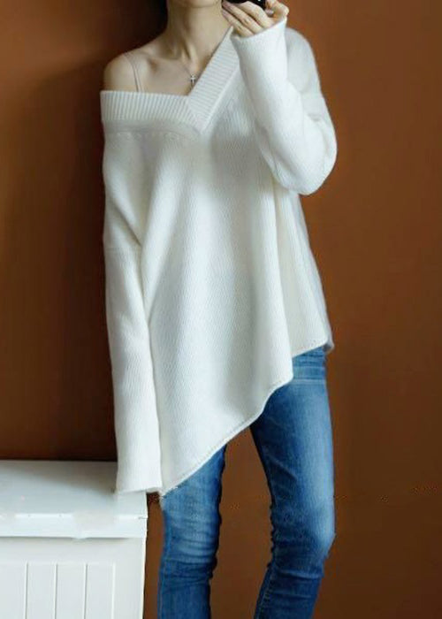 White Solid Cozy Knit Sweaters Top V Neck Spring