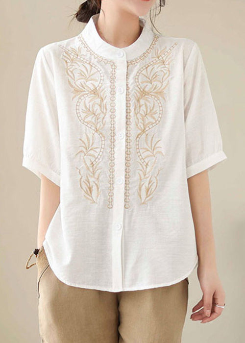 White Solid Patchwork Cotton Blouses Stand Collar Summer