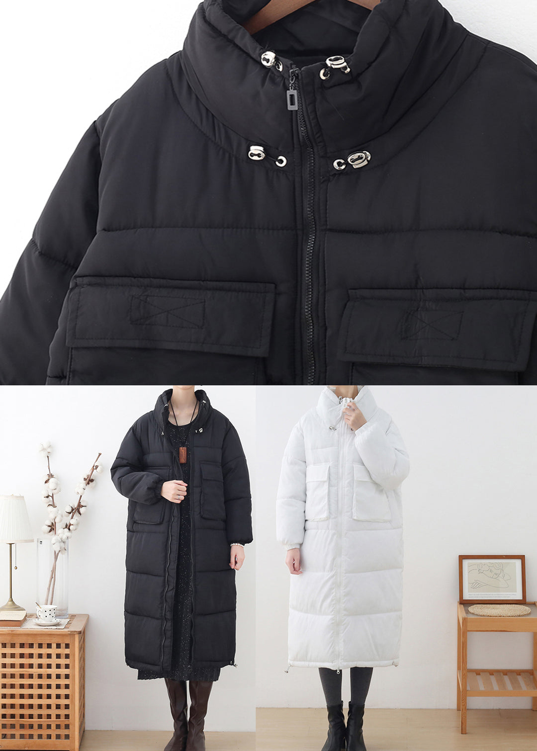 White Stand Collar Drawstring Thick Long Parka Winter