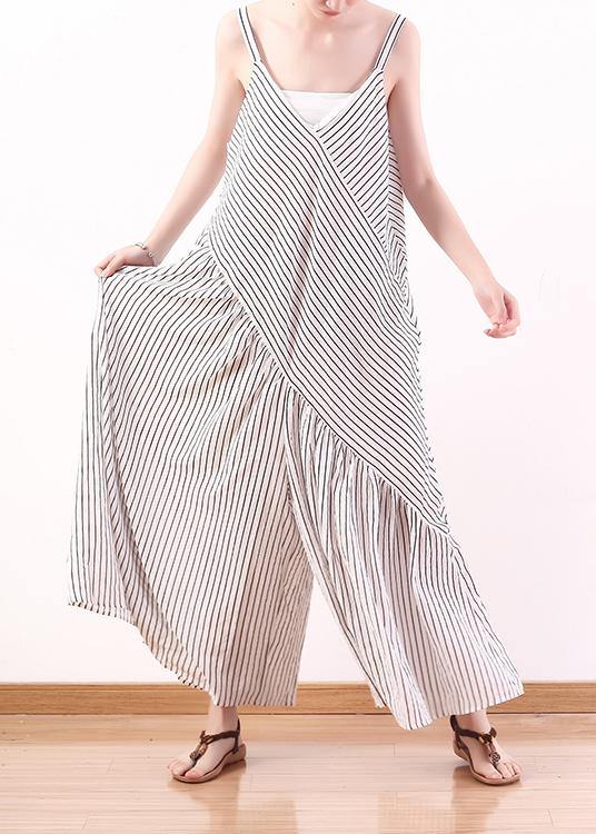 White Stripe Suspender Large Chiffon Jumpsuit Wide Leg Pants Summer - Omychic