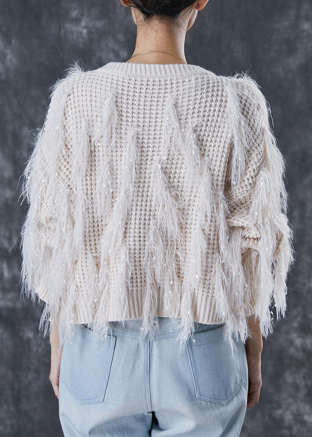 White Thick Knit Sweaters Tasseled Sequins Winter