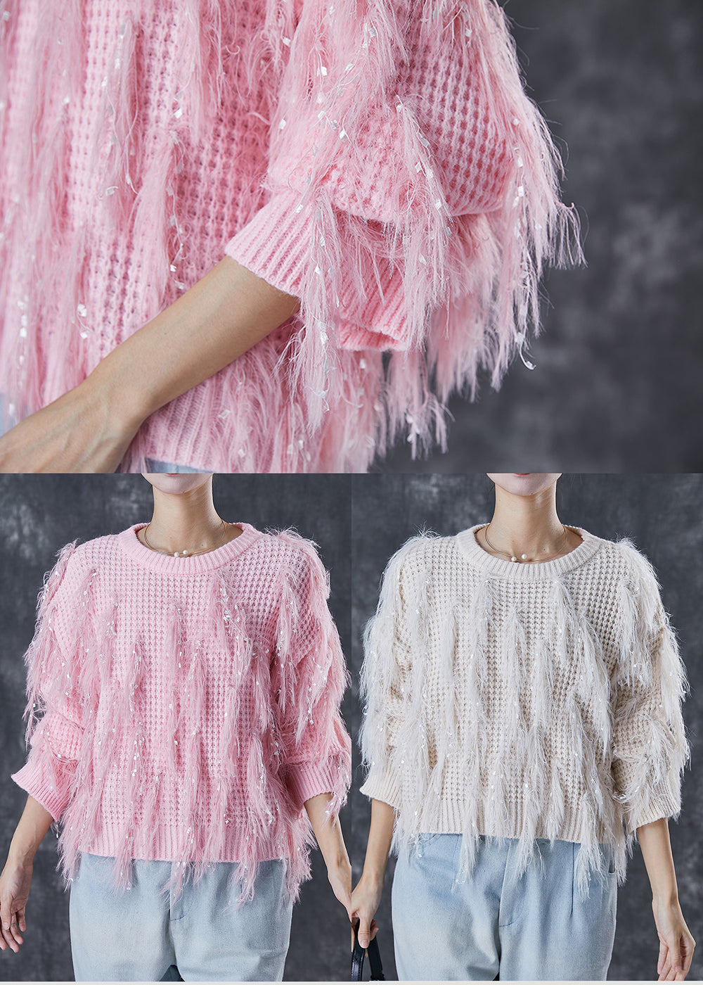 White Thick Knit Sweaters Tasseled Sequins Winter