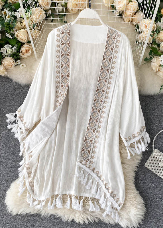 White V Neck Tassel Cardigan Long Sleeve