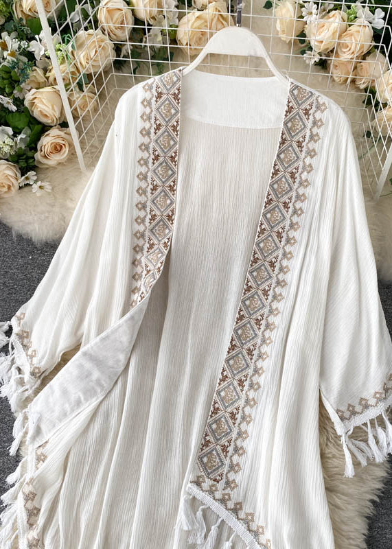 White V Neck Tassel Cardigan Long Sleeve