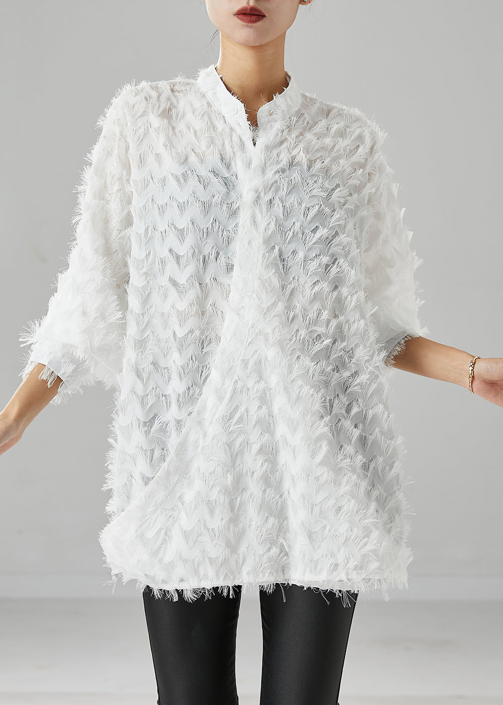 White Wave Tasseled Cotton Shirts Stand Collar Oversized Spring
