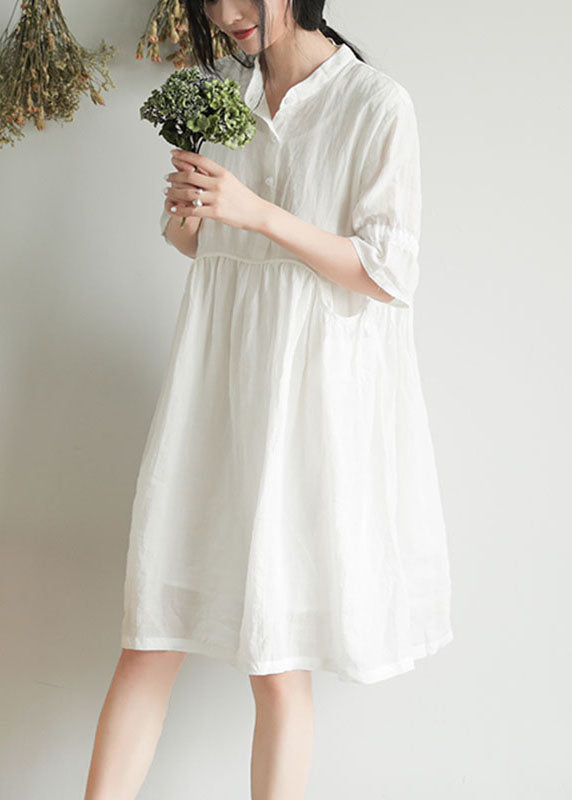 White Wrinkled Button Solid Ramie Mid Dress Half Sleeve