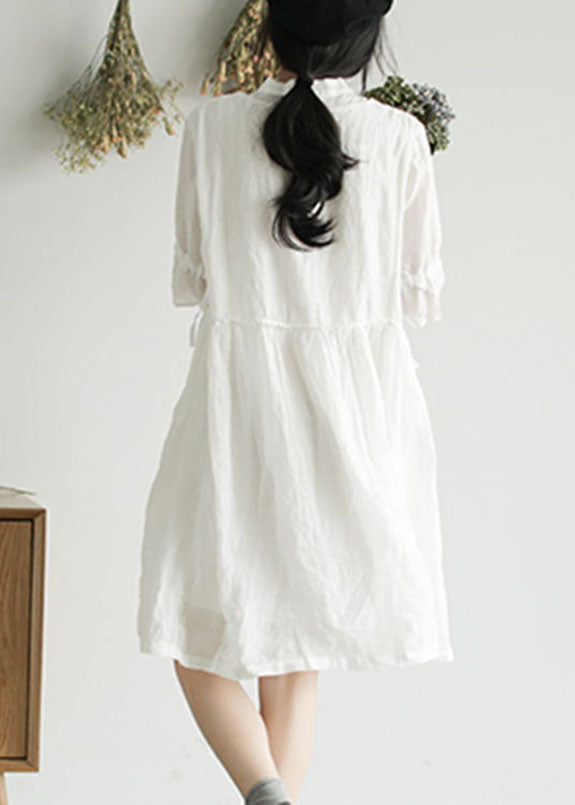 White Wrinkled Button Solid Ramie Mid Dress Half Sleeve