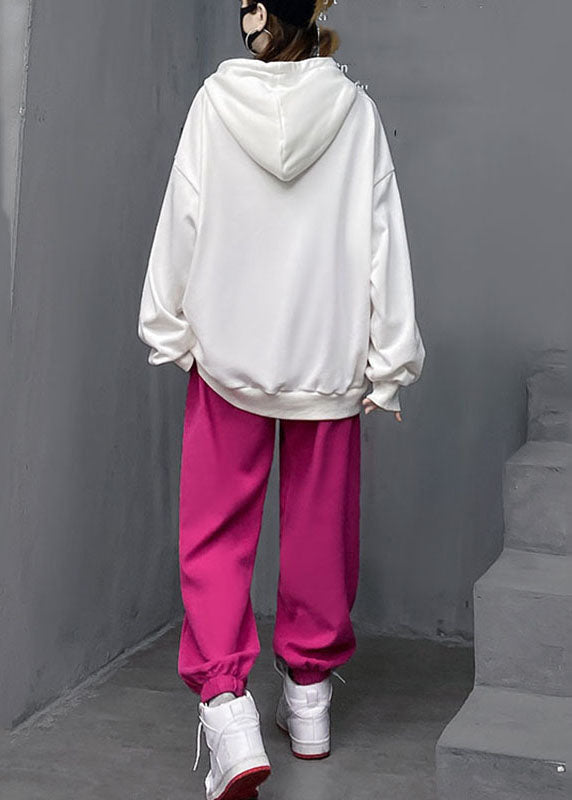 White Wrinkled Cotton Hooded Top And Lantern Pants Two Pieces Set Long Sleeve