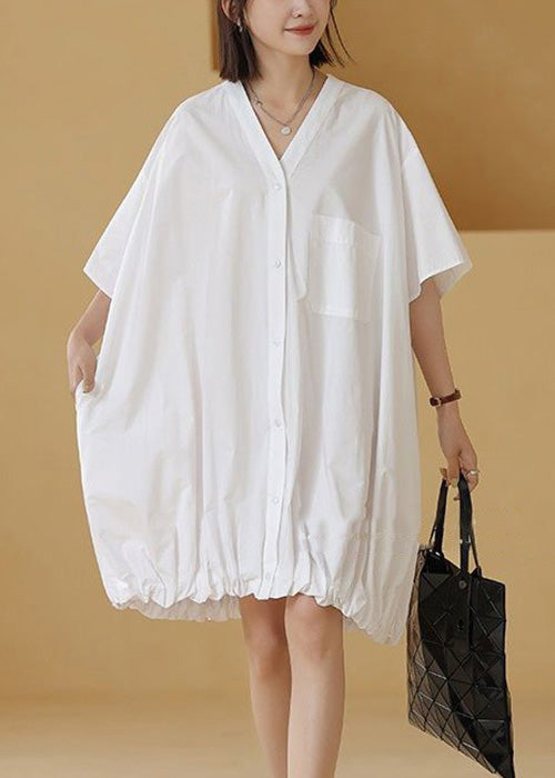 White Wrinkled Pockets Cotton Blouses Mid Dress V Neck Summer