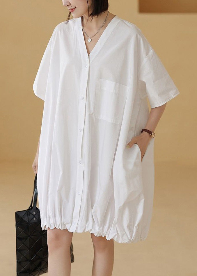 White Wrinkled Pockets Cotton Blouses Mid Dress V Neck Summer