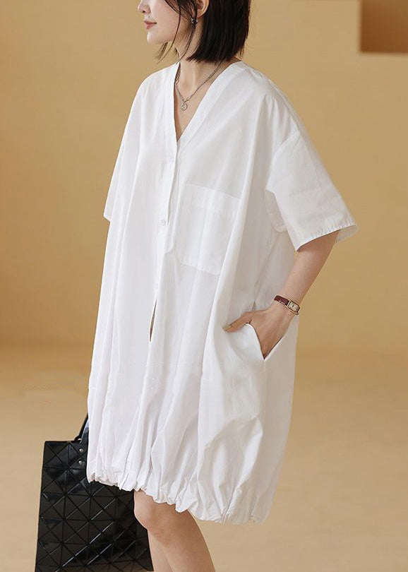 White Wrinkled Pockets Cotton Blouses Mid Dress V Neck Summer